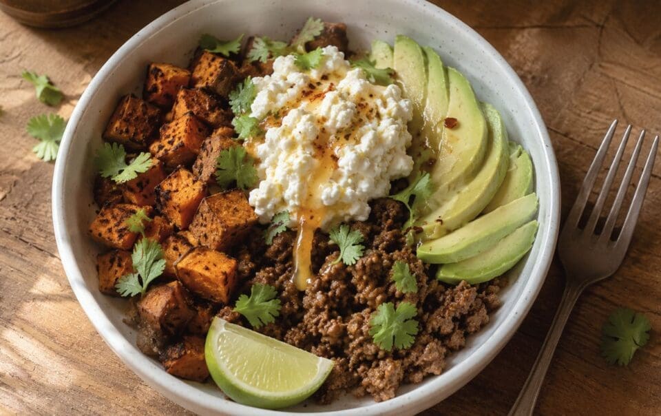 A bowl with seasoned sweet potatoes, hot honey cottage cheese, savory ground beef, sliced avocado, fresh cilantro, and a lime wedge is arranged neatly on a wooden table with a fork beside the bowl.