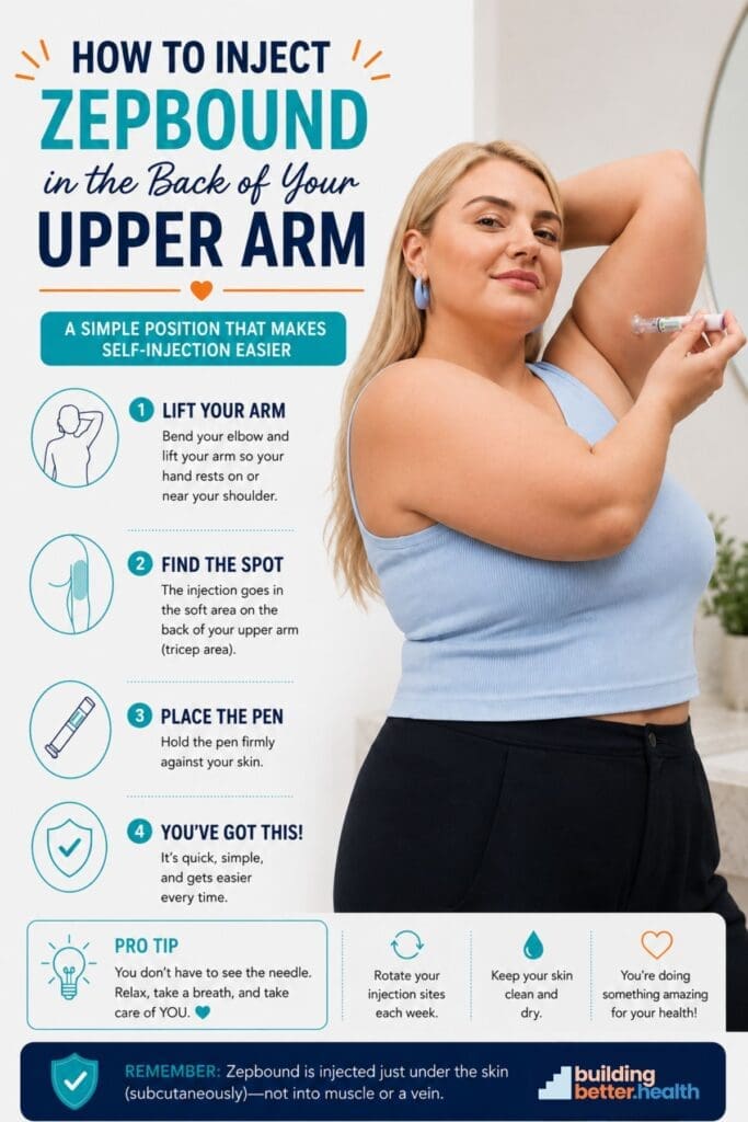 A woman demonstrates how to inject medicine into the back of her upper arm, surrounded by step-by-step injection instructions, tips, and health reminders in a colorful, informative layout that compares Zepbound injection sites—highlighting differences between abdomen vs thigh vs arm options.