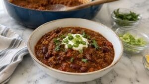 A bowl of high protein lentil chili topped with sour cream, chopped green onions, and cilantro sits on a marble surface with a pot of chili and small bowls of toppings nearby.