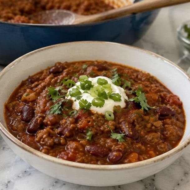 A bowl of high protein lentil chili topped with sour cream, chopped green onions, and cilantro sits on a marble surface with a pot of chili and small bowls of toppings nearby.
