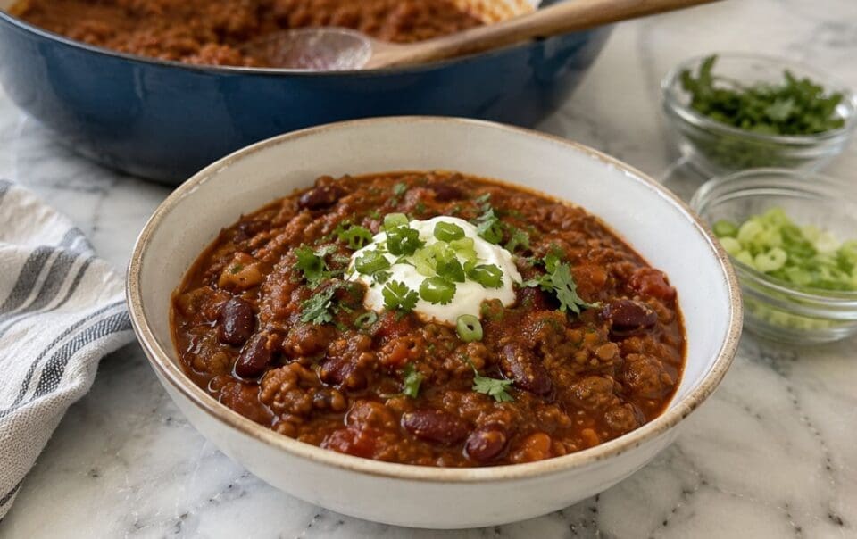 A bowl of high protein lentil chili topped with sour cream, chopped green onions, and cilantro sits on a marble surface with a pot of chili and small bowls of toppings nearby.