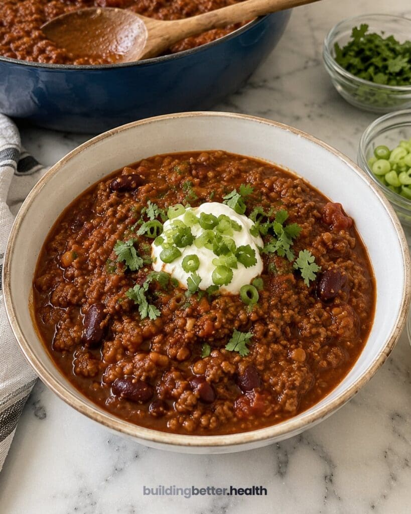 A bowl of Lentil Chili topped with sour cream, chopped green onions, and cilantro sits on a marble counter, with a pot of this high protein chili and bowls of garnishes nearby.