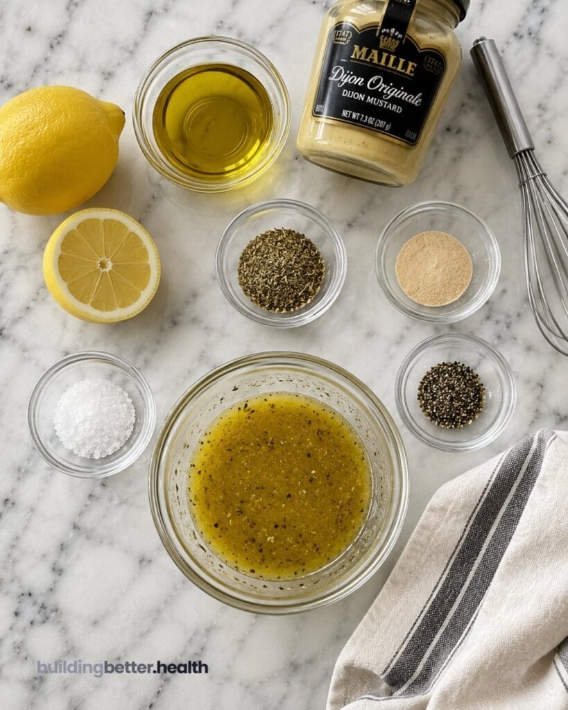 A bowl of vinaigrette with olive oil, Dijon mustard, and seasonings sits on a marble counter, perfect for drizzling over your favorite Mediterranean Chickpea Salad. Ingredients like a lemon, spices, salt, and a whisk are arranged nearby with a striped cloth—ideal essentials for creating a fresh no cook lunch.