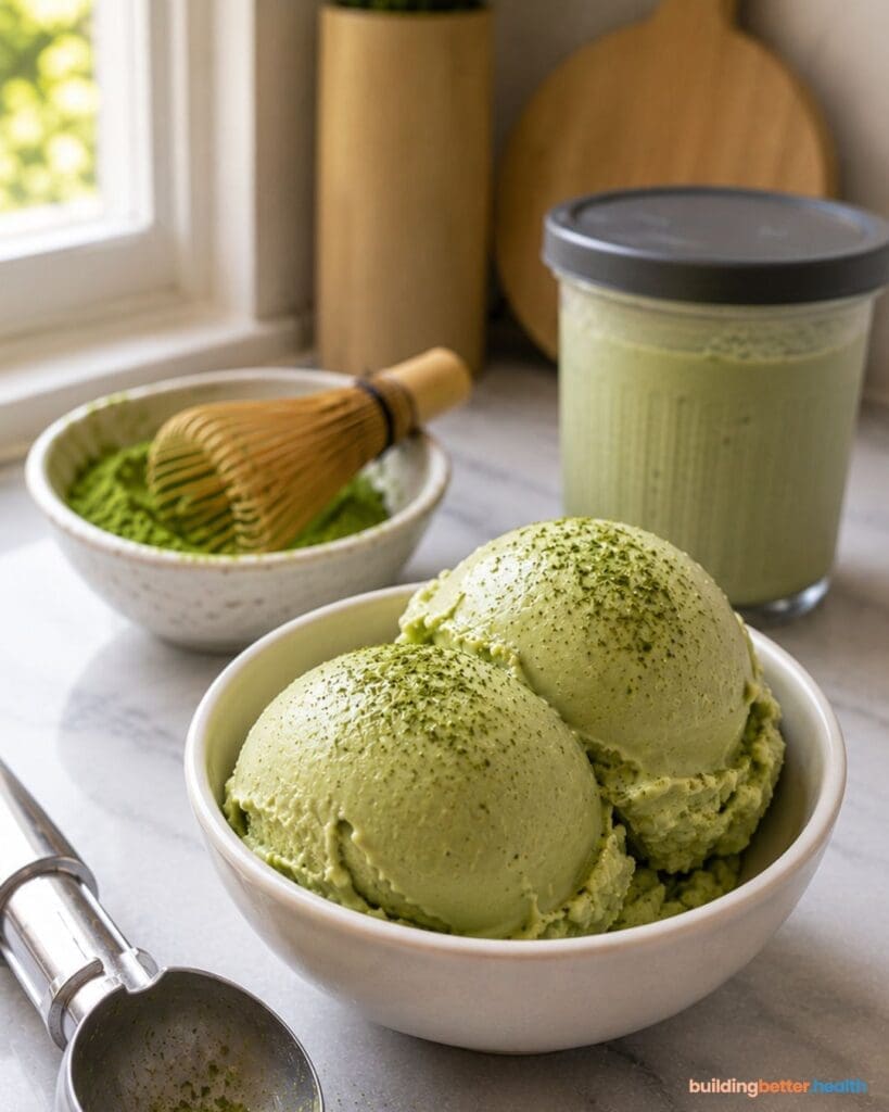 A bowl with two scoops of Matcha Ice Cream sits on a marble countertop, surrounded by a matcha whisk, a bowl of matcha powder, a jar of green drink, and an ice cream scoop—perfect for those seeking a high protein treat with the creamy texture made possible by the Ninja Creami.