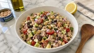 A bowl of Mediterranean Chickpea tuna salad with cherry tomatoes, cucumbers, chickpeas, olives, parsley, and red onion sits on a marble counter near a can of tuna, olive oil, a lemon half, and a wooden spoon—perfect for a fresh and easy no cook lunch.