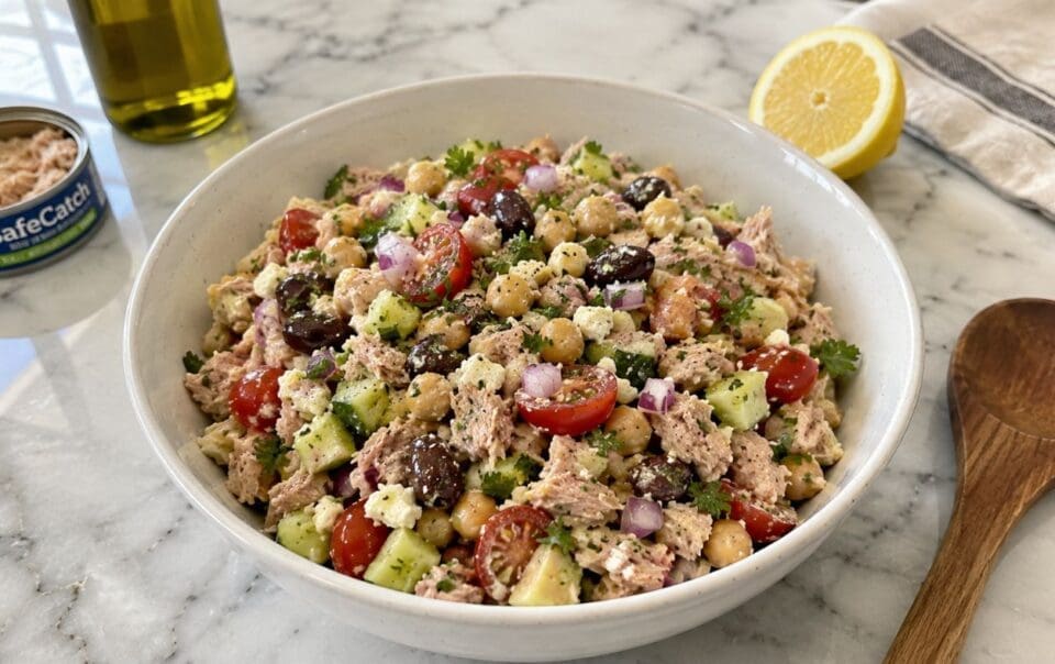 A bowl of Mediterranean Chickpea tuna salad with cherry tomatoes, cucumbers, chickpeas, olives, parsley, and red onion sits on a marble counter near a can of tuna, olive oil, a lemon half, and a wooden spoon—perfect for a fresh and easy no cook lunch.