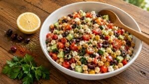 A bowl of colorful Mediterranean bean salad with chickpeas, tomatoes, cucumbers, olives, feta cheese, and herbs sits on a wooden table, boasting a high fiber and high protein profile. A lemon half, parsley, and extra olives are arranged nearby while a wooden spoon rests in the bowl.