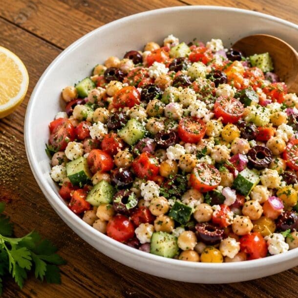 A bowl of colorful Mediterranean bean salad with chickpeas, tomatoes, cucumbers, olives, feta cheese, and herbs sits on a wooden table, boasting a high fiber and high protein profile. A lemon half, parsley, and extra olives are arranged nearby while a wooden spoon rests in the bowl.