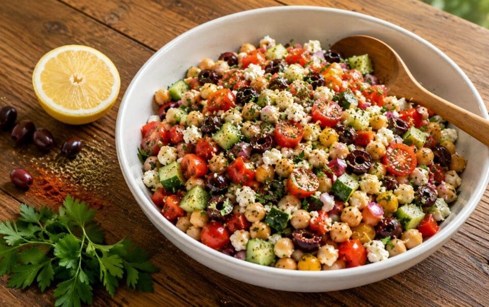 A bowl of colorful Mediterranean bean salad with chickpeas, tomatoes, cucumbers, olives, feta cheese, and herbs sits on a wooden table, boasting a high fiber and high protein profile. A lemon half, parsley, and extra olives are arranged nearby while a wooden spoon rests in the bowl.