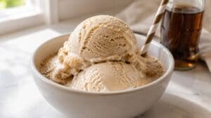 Two scoops of vanilla ice cream, made with the Ninja Creami, sit in a white bowl with a paper straw and a small bottle of dark liquid—possibly root beer for creating a classic Root Beer Float—in the background. The scene is beautifully illuminated by natural light.