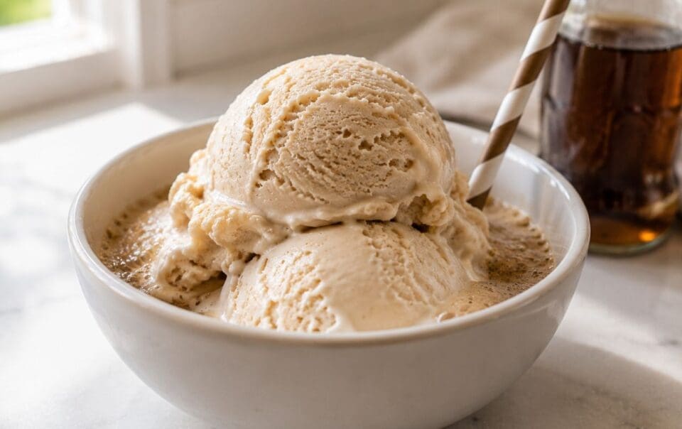 Two scoops of vanilla ice cream, made with the Ninja Creami, sit in a white bowl with a paper straw and a small bottle of dark liquid—possibly root beer for creating a classic Root Beer Float—in the background. The scene is beautifully illuminated by natural light.