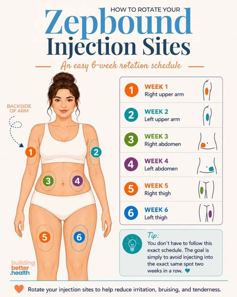 Illustration of a woman showing 6 rotating Zepbound injection sites—including both upper arms, both sides of the abdomen, and thighs—to help you choose the best place to inject Zepbound. Includes a 6-week schedule and a tip about not injecting the same spot twice in a row, emphasizing the importance of alternating between abdomen vs thigh for optimal results.