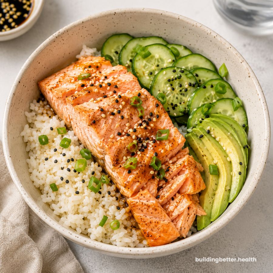 A bowl filled with white rice, sliced seared salmon, cucumber and avocado slices, topped with sesame seeds and chopped green onions—this high-protein meal is perfect for those managing no appetite. A small dish of soy sauce sits nearby.