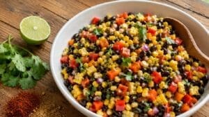 A bowl of colorful Southwestern Bean Salad with black beans, red bell peppers, red onions, and cilantro sits ready to enjoy, highlighting its high fiber and high protein ingredients. Surrounded by a wooden spoon, fresh lime, extra cilantro, and vibrant spices on a rustic wooden table.