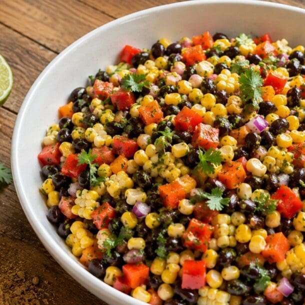 A bowl of colorful Southwestern Bean Salad with black beans, red bell peppers, red onions, and cilantro sits ready to enjoy, highlighting its high fiber and high protein ingredients. Surrounded by a wooden spoon, fresh lime, extra cilantro, and vibrant spices on a rustic wooden table.