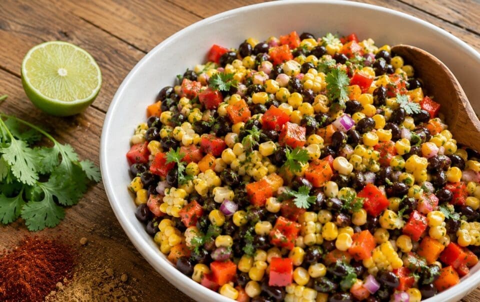 A bowl of colorful Southwestern Bean Salad with black beans, red bell peppers, red onions, and cilantro sits ready to enjoy, highlighting its high fiber and high protein ingredients. Surrounded by a wooden spoon, fresh lime, extra cilantro, and vibrant spices on a rustic wooden table.