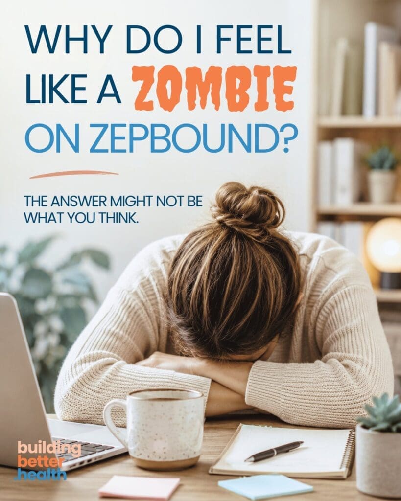 A woman sits at a desk with her head resting on her arms, looking exhausted. A mug, glasses, notebook, and pen are on the desk. Text reads: Experiencing Zepbound fatigue? The answer might not be what you think.