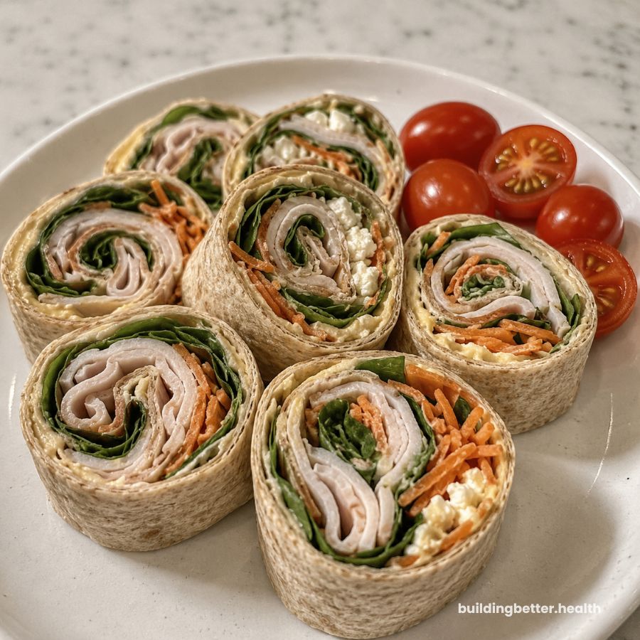 A plate of turkey and veggie pinwheel wraps with spinach, shredded carrots, and cheese makes a delicious high protein cold lunch, served alongside cherry tomato halves on a white plate.