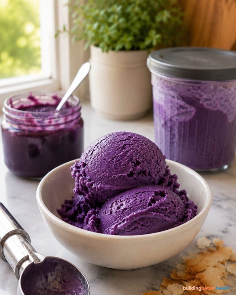 A white bowl holds scoops of purple Ube Ice Cream, freshly churned with the Ninja Creami. Behind it are a jar and a container of more vibrant purple ice cream, along with an ice cream scooper and a potted plant on a marble countertop—perfect for serving up this high protein treat at home.