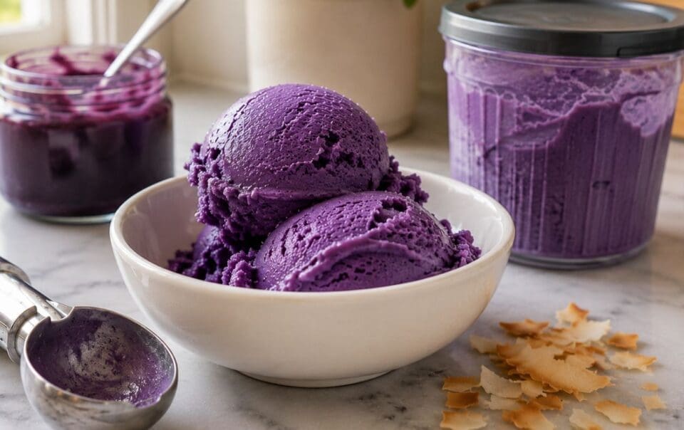 Two scoops of vibrant ube ice cream, made with the Ninja Creami for a high protein treat, sit in a white bowl next to an ice cream scoop and containers of purple spread, all displayed on a marble countertop with scattered pastry flakes.