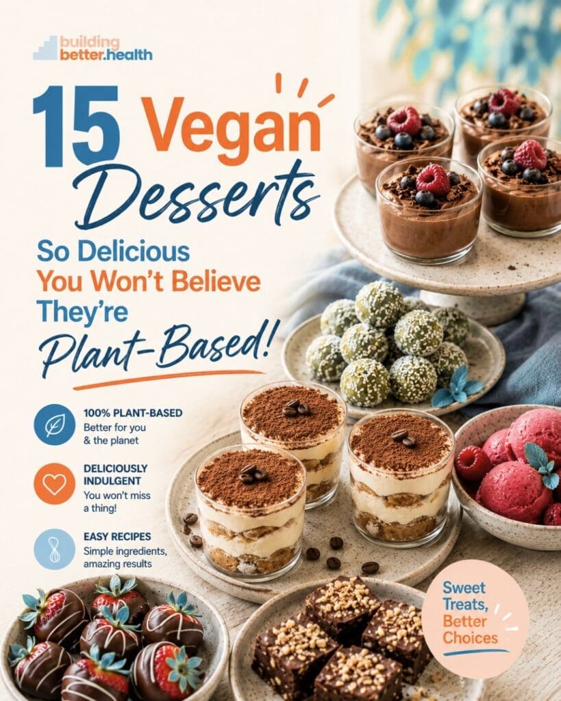 A colorful magazine cover showcases Vegan Dessert creations like chocolate mousse, layered parfaits, and energy balls on plates. Text reads: “15 Vegan Desserts So Delicious You Won’t Believe They’re Plant-Based!” with health and recipe benefits listed.