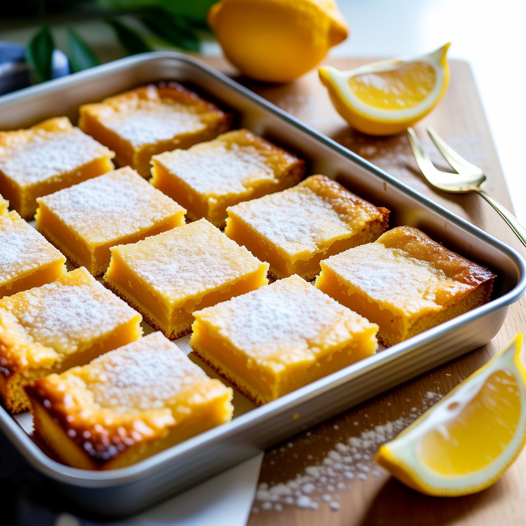 A baking tray filled with neatly cut vegan lemon bars, dusted with powdered sugar, sits on a wooden surface. Lemon wedges and a dessert fork are nearby, enhancing the fresh and vibrant presentation of these dairy-free desserts.