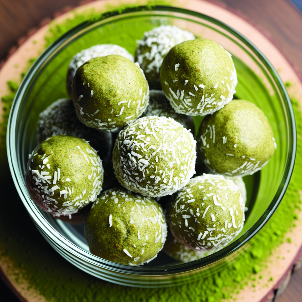 A glass bowl filled with round green matcha energy balls, each coated with shredded coconut, placed on a green plate with matcha powder—a decadent treat perfect for vegan dessert recipes.