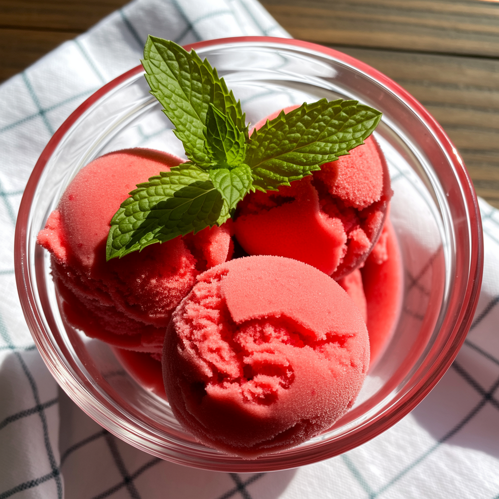 A glass bowl filled with three scoops of bright red vegan sorbet, garnished with a sprig of fresh mint, sits on a white checkered cloth atop a wooden surface—perfect inspiration for vegan dessert recipes.