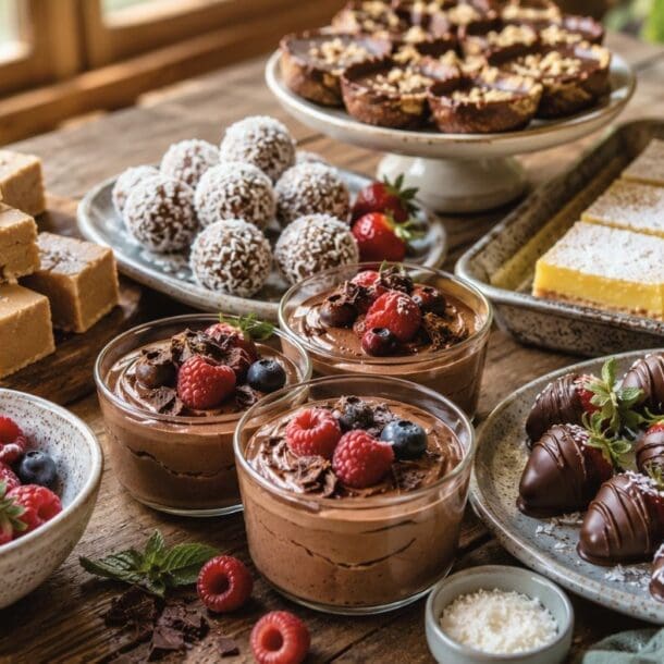 An assortment of vegan desserts on a wooden table, including chocolate mousse with berries, chocolate-covered strawberries, lemon bars, coconut balls, berry tarts, and cubes of fudge, with fresh berries scattered around.