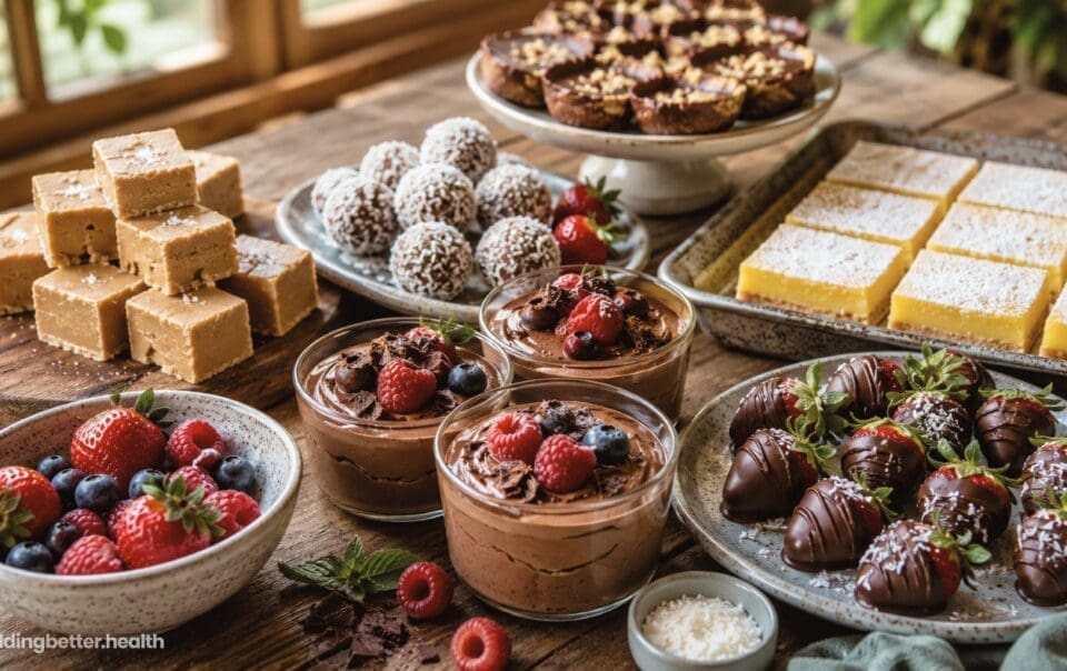 An assortment of vegan desserts on a wooden table, including chocolate mousse with berries, chocolate-covered strawberries, lemon bars, coconut balls, berry tarts, and cubes of fudge, with fresh berries scattered around.