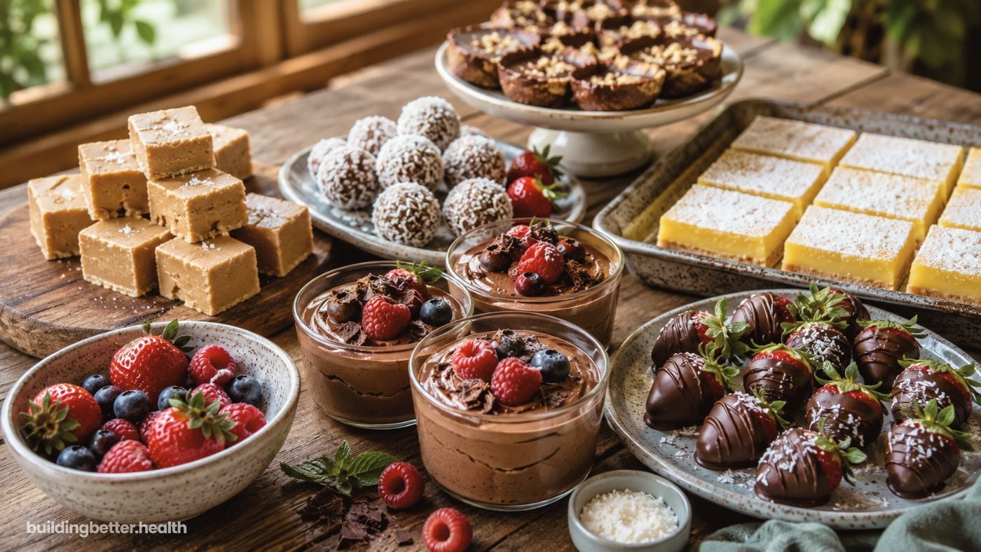 An assortment of vegan desserts on a wooden table, including chocolate mousse with berries, chocolate-covered strawberries, lemon bars, coconut balls, berry tarts, and cubes of fudge, with fresh berries scattered around.