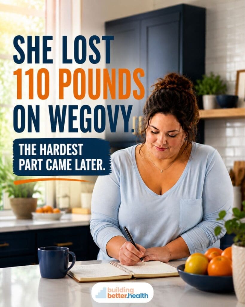A woman sits at a kitchen table, writing in a notebook beside a bowl of oranges. Text reads: She lost 110 pounds on Wegovy—but when Wegovy stopped working, the hardest part came later. The scene appears bright and homey.