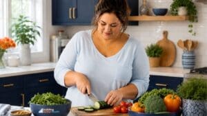 A woman in a light blue shirt slices cucumber on a wooden board in a modern kitchen with blue cabinets, white countertops, and fresh vegetables—showing healthy habits even when wegovy stopped working.