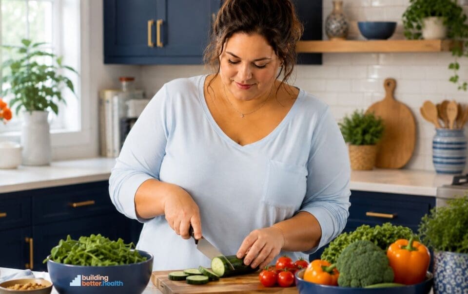 A woman in a light blue shirt slices cucumber on a wooden board in a modern kitchen with blue cabinets, white countertops, and fresh vegetables—showing healthy habits even when wegovy stopped working.