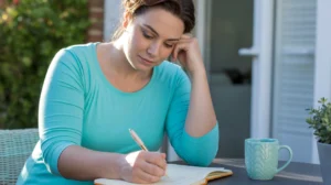 A woman in a turquoise top sits at an outdoor table, writing in a notebook with a pen. A blue mug is beside her, and she looks focused, resting her head on her hand—perhaps pondering whether to stop Wegovy after experiencing some Wegovy side effects.