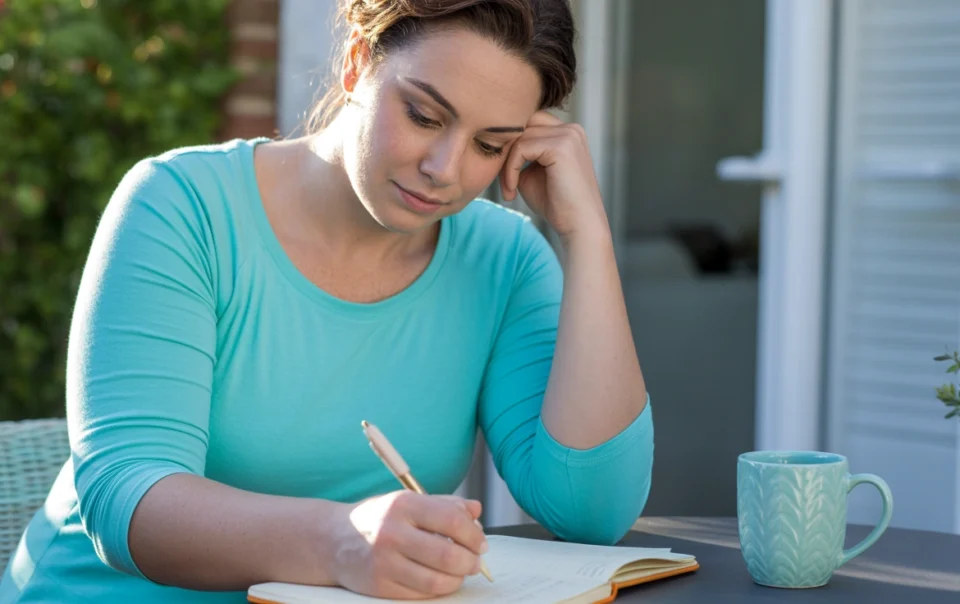 A woman in a turquoise top sits at an outdoor table, writing in a notebook with a pen. A blue mug is beside her, and she looks focused, resting her head on her hand—perhaps pondering whether to stop Wegovy after experiencing some Wegovy side effects.