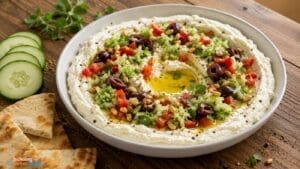 A bowl of Whipped Feta Dip with Cucumber is topped with chopped tomatoes, olives, pine nuts, fresh herbs, and a drizzle of olive oil. Sliced cucumbers and pita bread are set on the wooden table beside the bowl.