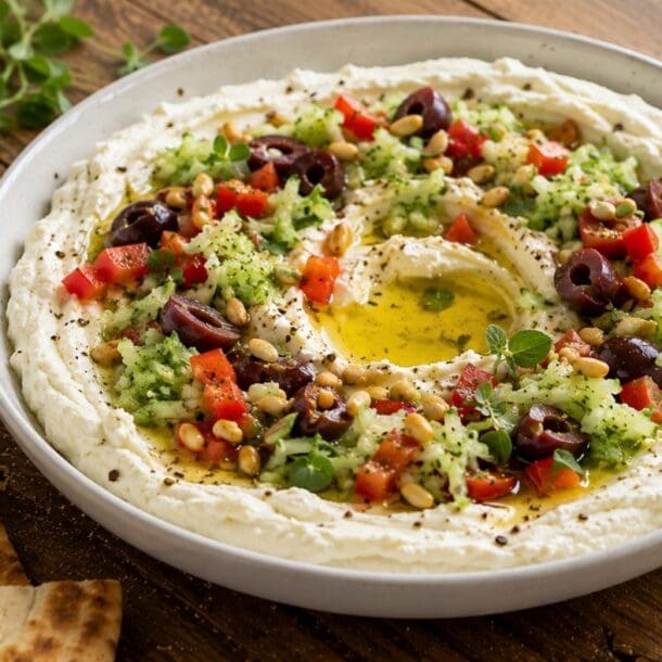A bowl of Whipped Feta Dip with Cucumber is topped with chopped tomatoes, olives, pine nuts, fresh herbs, and a drizzle of olive oil. Sliced cucumbers and pita bread are set on the wooden table beside the bowl.