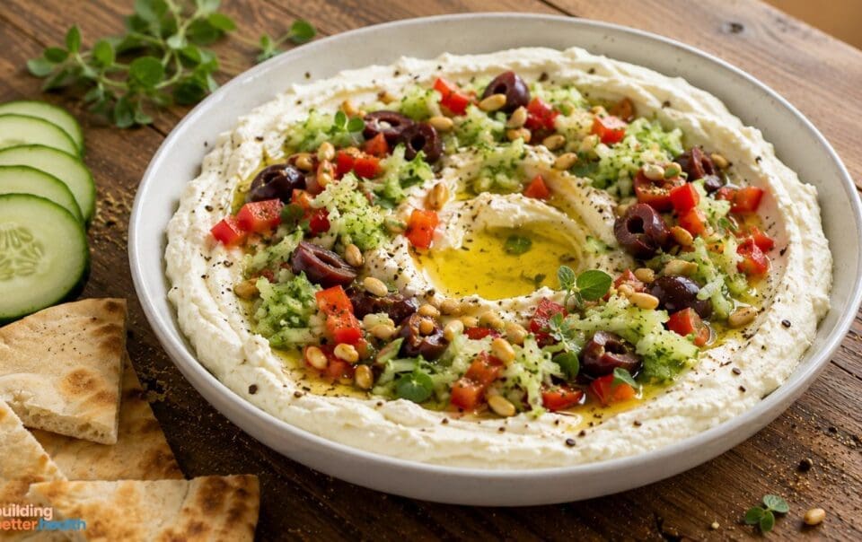 A bowl of Whipped Feta Dip with Cucumber is topped with chopped tomatoes, olives, pine nuts, fresh herbs, and a drizzle of olive oil. Sliced cucumbers and pita bread are set on the wooden table beside the bowl.