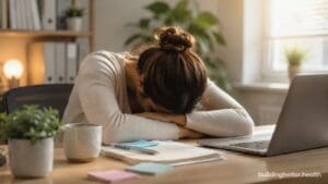 A woman sits at a desk with her head resting on her folded arms, appearing stressed or experiencing zepbound fatigue. Papers, sticky notes, a laptop, and plants are scattered across the home office workspace.