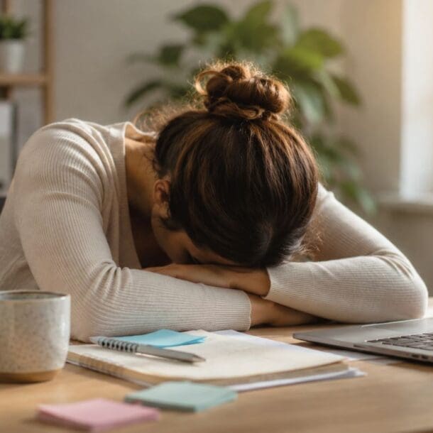 A woman sits at a desk with her head resting on her folded arms, appearing stressed or experiencing zepbound fatigue. Papers, sticky notes, a laptop, and plants are scattered across the home office workspace.