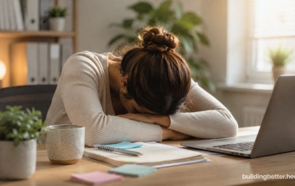 A woman sits at a desk with her head resting on her folded arms, appearing stressed or experiencing zepbound fatigue. Papers, sticky notes, a laptop, and plants are scattered across the home office workspace.