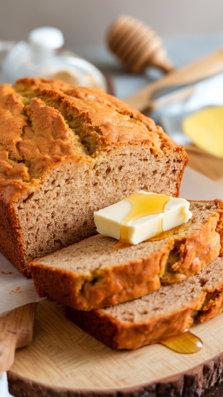 A sliced loaf of banana bread sits on a wooden board. Two slices are topped with butter and drizzled with honey, making it a delightful addition to easy cottage cheese recipes for breakfast or snack time. In the background are a honey dipper, a knife, and blurred kitchen items.