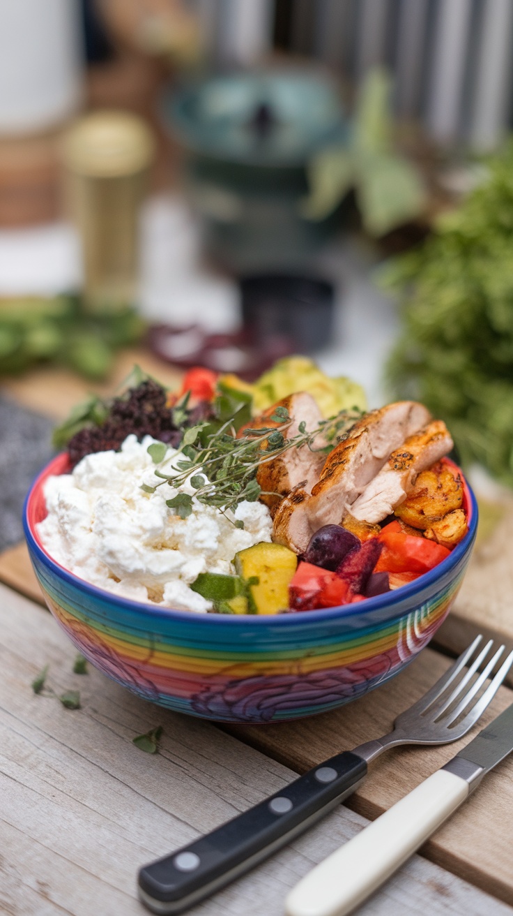 A colorful bowl filled with grilled chicken, cottage cheese, tomatoes, cucumbers, beets, and yellow peppers sits on a table beside a fork—an inviting example of easy cottage cheese recipes perfect for a quick and healthy meal.