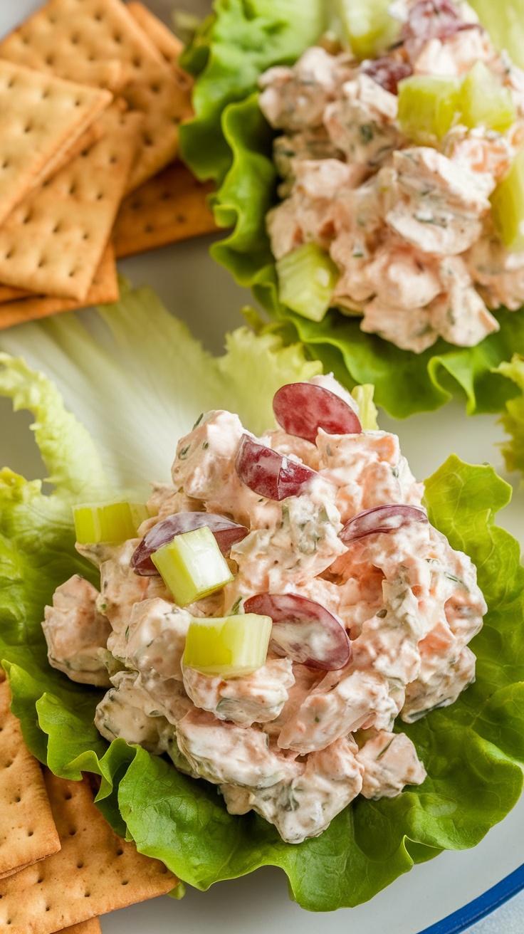 Chicken salad with grapes and celery served on lettuce leaves, with square crackers on the side, displayed on a white plate—perfect for those seeking easy cottage cheese recipes that are both fresh and satisfying.