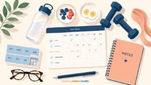 A weekly health planner with checklists, water bottle, fruit bowl, dumbbells, pill organizer, glasses, pen, and a notes notebook—all arranged neatly on a light background—perfect for over 65 individuals or GLP-1 beginners starting their first-month eating plan.