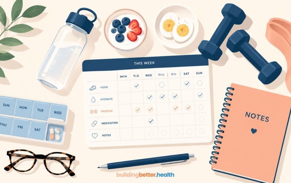 A weekly health planner with checklists, water bottle, fruit bowl, dumbbells, pill organizer, glasses, pen, and a notes notebook—all arranged neatly on a light background—perfect for over 65 individuals or GLP-1 beginners starting their first-month eating plan.