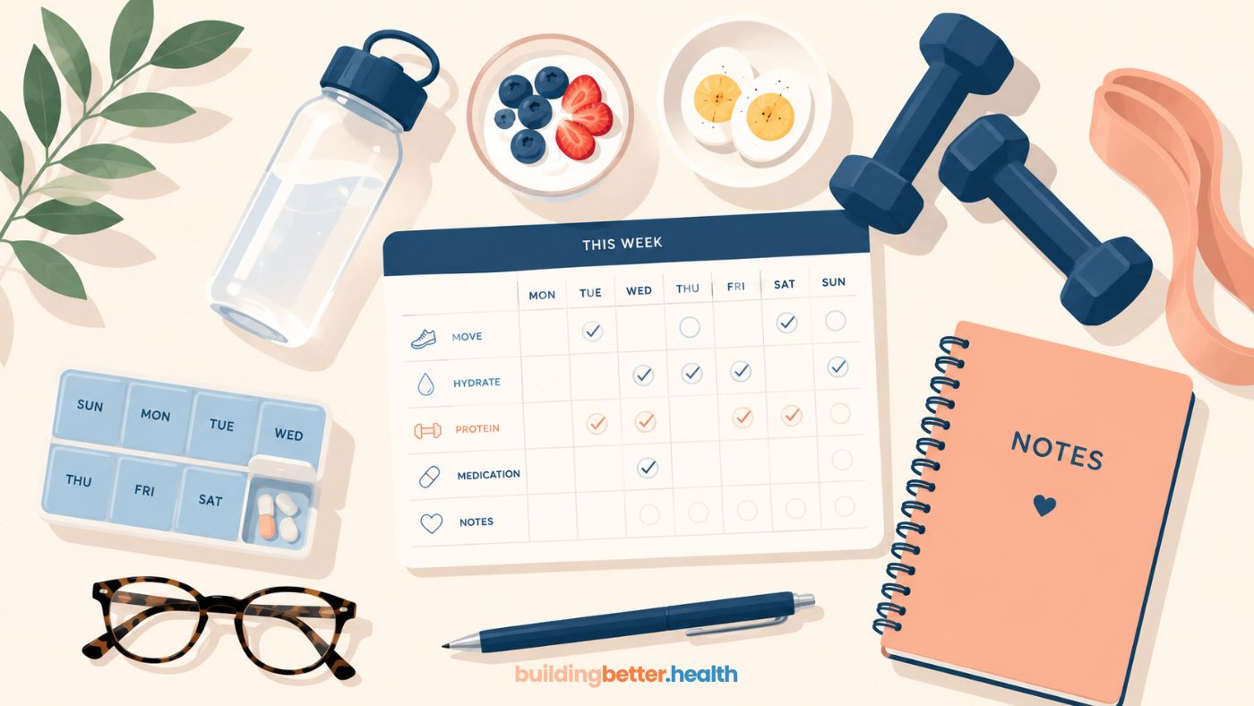 A weekly health planner with checklists, water bottle, fruit bowl, dumbbells, pill organizer, glasses, pen, and a notes notebook—all arranged neatly on a light background—perfect for over 65 individuals or GLP-1 beginners starting their first-month eating plan.