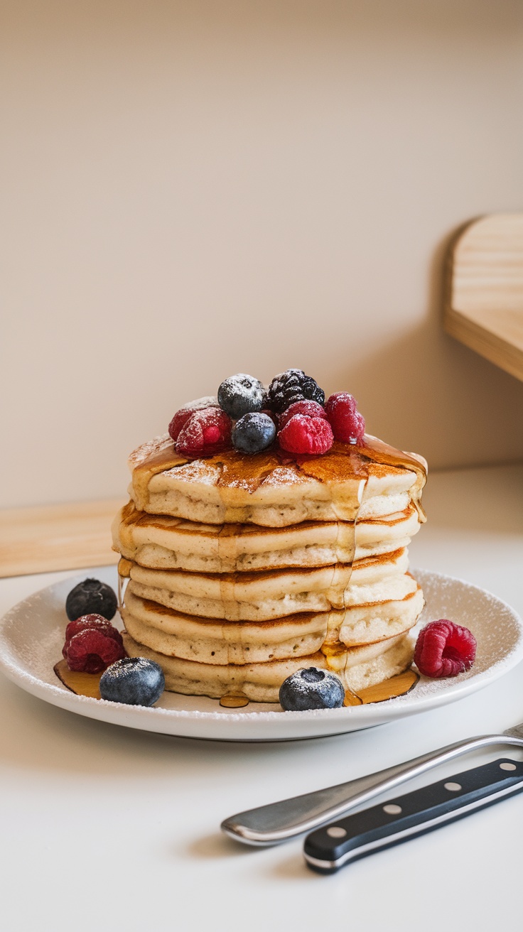 A stack of pancakes—one of the easiest cottage cheese recipes—topped with assorted berries and syrup sits on a white plate, with a knife and fork beside it on a white table.