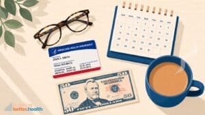 A pair of glasses, a calendar, a Medicare card, a $50 bill, and a cup of coffee sit on a desk with a plant. The text building better health appears in the lower left corner—highlighting programs like Zepbound and the GLP-1 Bridge Program that support your Medicare journey.